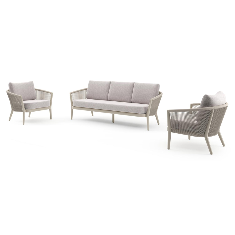 Orso loungeset in beige aluminium en beige verticaal geweven ronde rope met Wander Gobi all weather sunbrella® luxe kussen