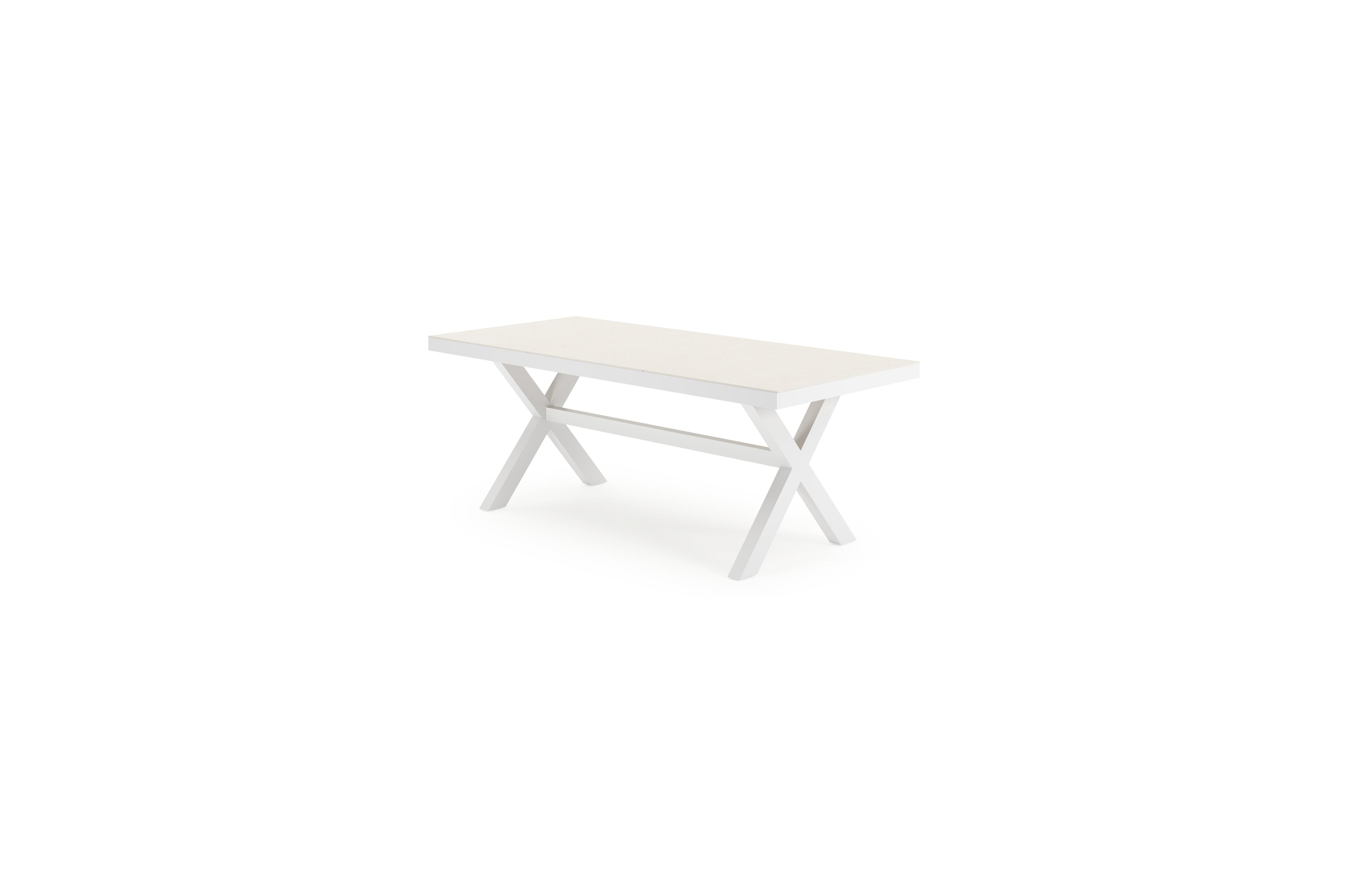 Bahia tuinset rechthoekig in wit aluminium en sintered stone beige met 6 Salto tuinstoelen