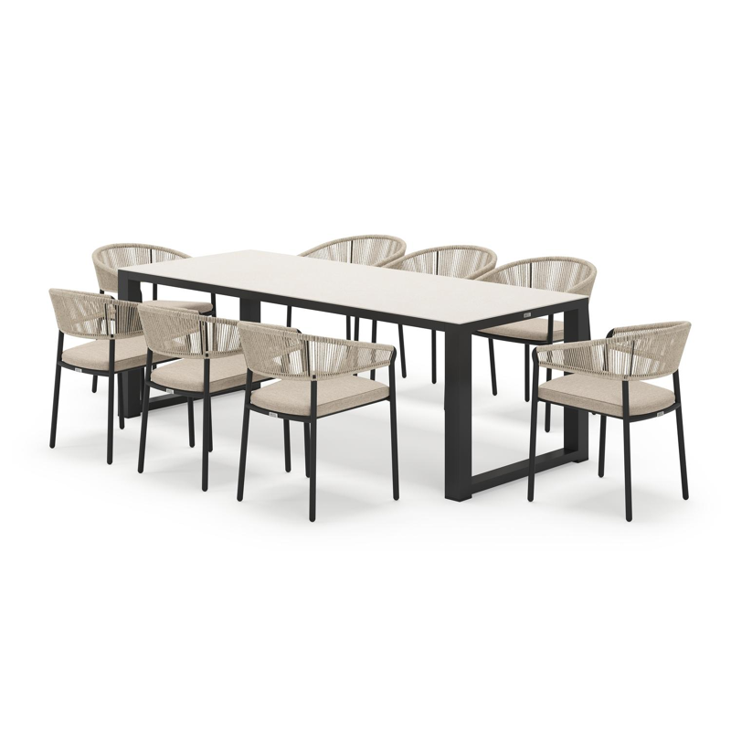 Livo ensemble de jardin rectangulaire en aluminium noir en sintered stone crema minerale avec 8 chaises de jardin Zamora