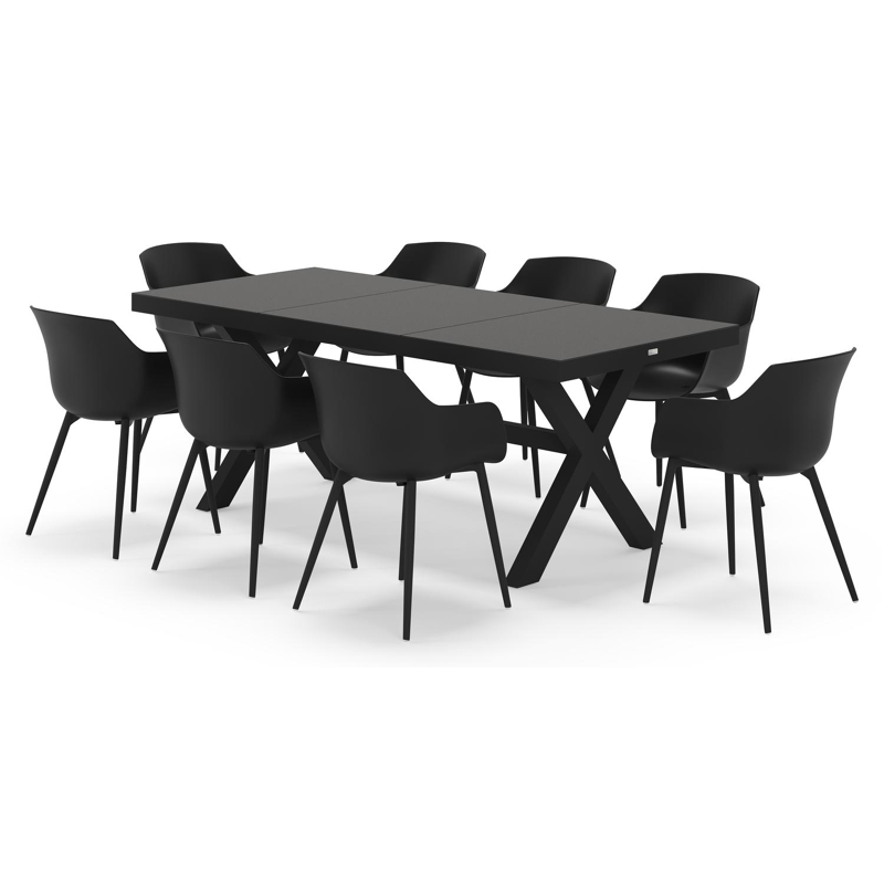 Bahia tuinset rechthoekig in zwart aluminium en sintered stone zwart met 8 Paco tuinstoelen