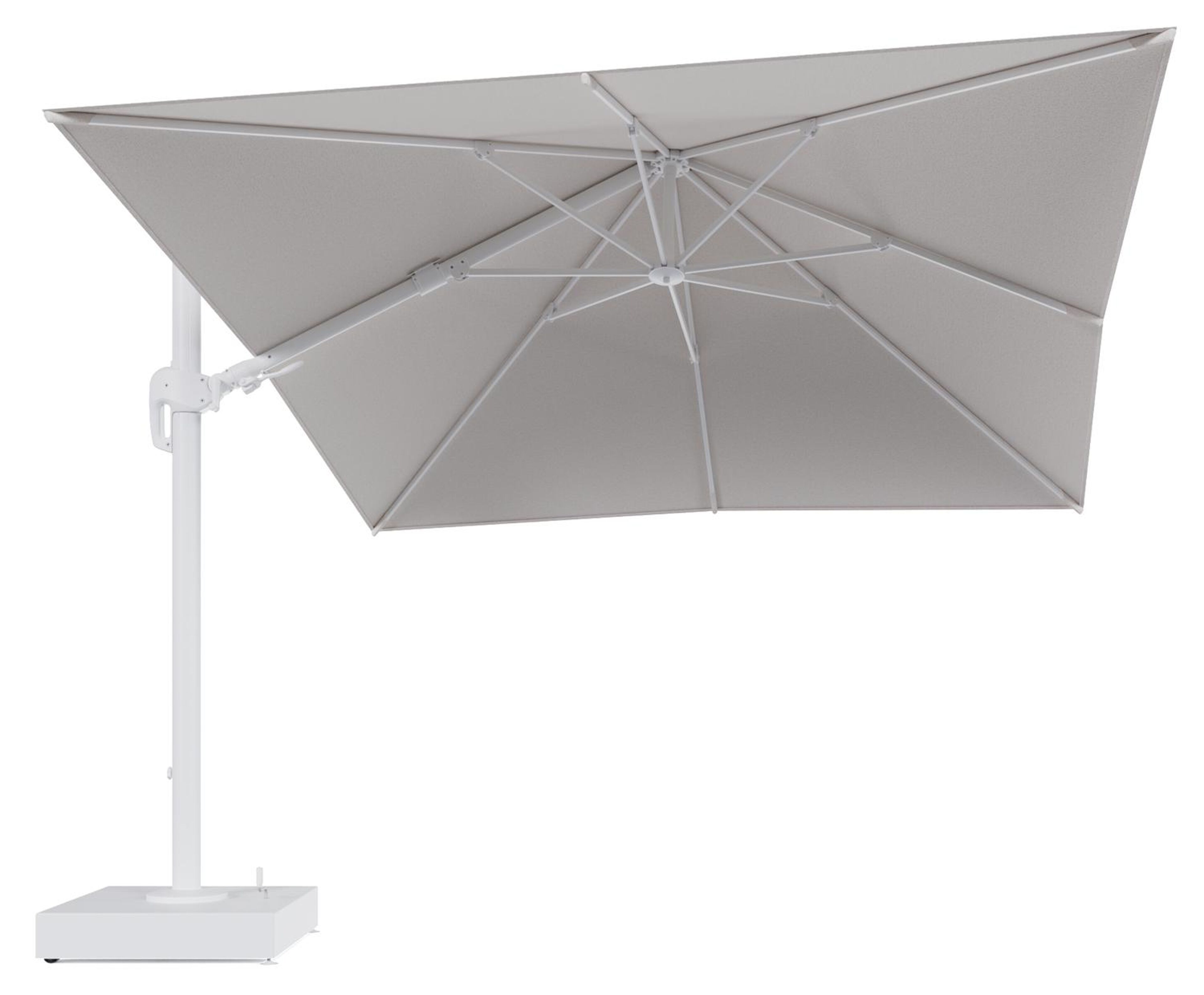 Parasol pendant Rufina avec fonction tilt en aluminium blanc et toile de parasol All Weather Solica Ego Eggshell - Lg.1 300 x Lg.2 300 cm avec pied de parasol Minore 150 kg avec roulettes
