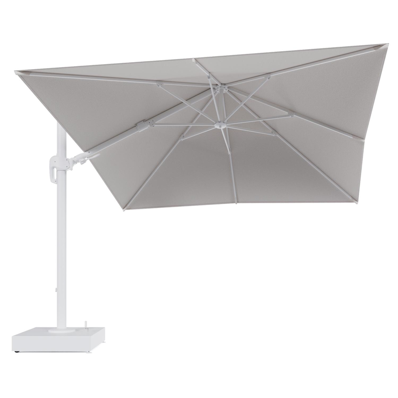 Rufina zweefparasol met tiltfunctie in wit aluminium en Ego Eggshell All Weather Solica parasoldoek - L1 300 x L2 300 cm met parasolvoet Minore 150 kg met wielen