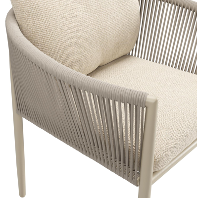 Organo tuinstoel in zwart aluminium en beige verticaal geweven luxe vlakke rope met stoelkussen in All Weather Cosytica Althea Chalk