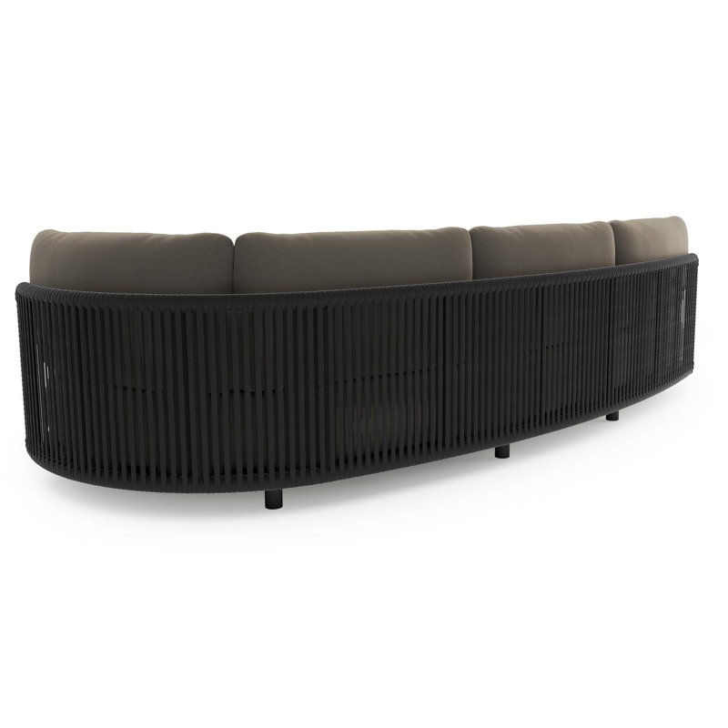 Lomano loungebank in zwart aluminium en zwart verticaal geweven luxe vlakke rope met natte carbon beige all weather sunbrella® luxe kussen