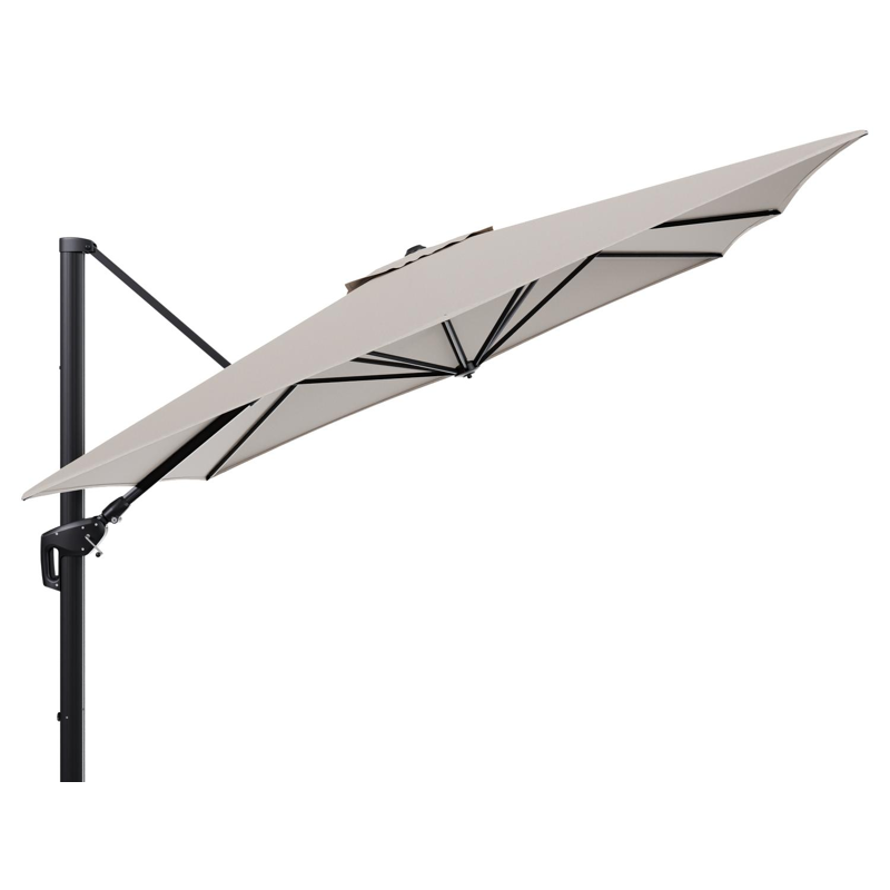 Minore zweefparasol tiltfunctie in zwart aluminium en parasoldoek in All Weather Sunbrella® Luxe Heritage Ash - L1 350 x L2: 350 cm (zonder voet)