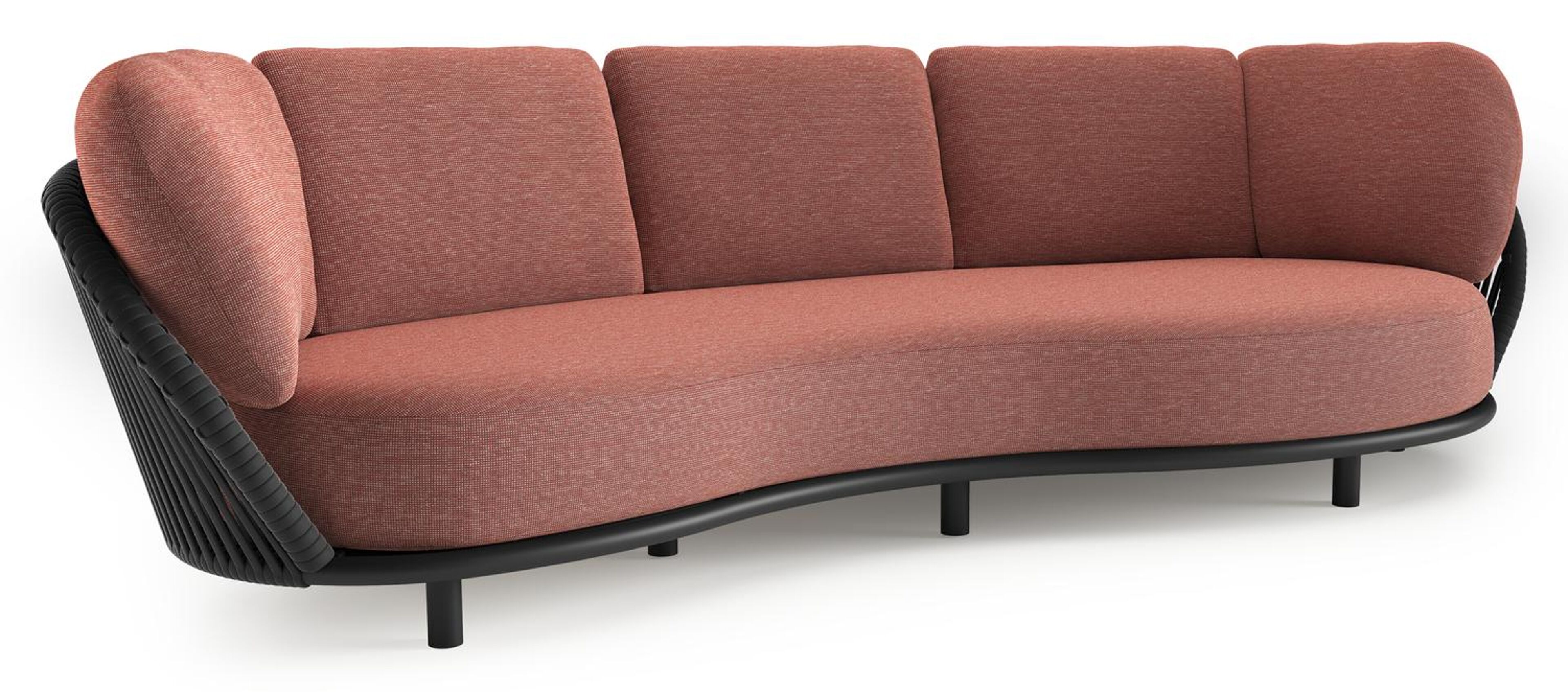 Lupino loungebank in zwart aluminium en zwart verticaal geweven luxe vlakke brede rope met slow alezan all weather sunbrella® luxe kussen