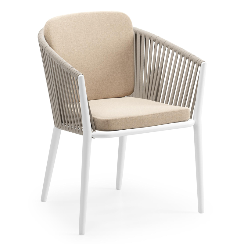 Chaise de jardin Orso en aluminium blanc et corde plate tissée verticalement beige avec coussin en All Weather Sunbrella® Luxe Natte Heather Beige