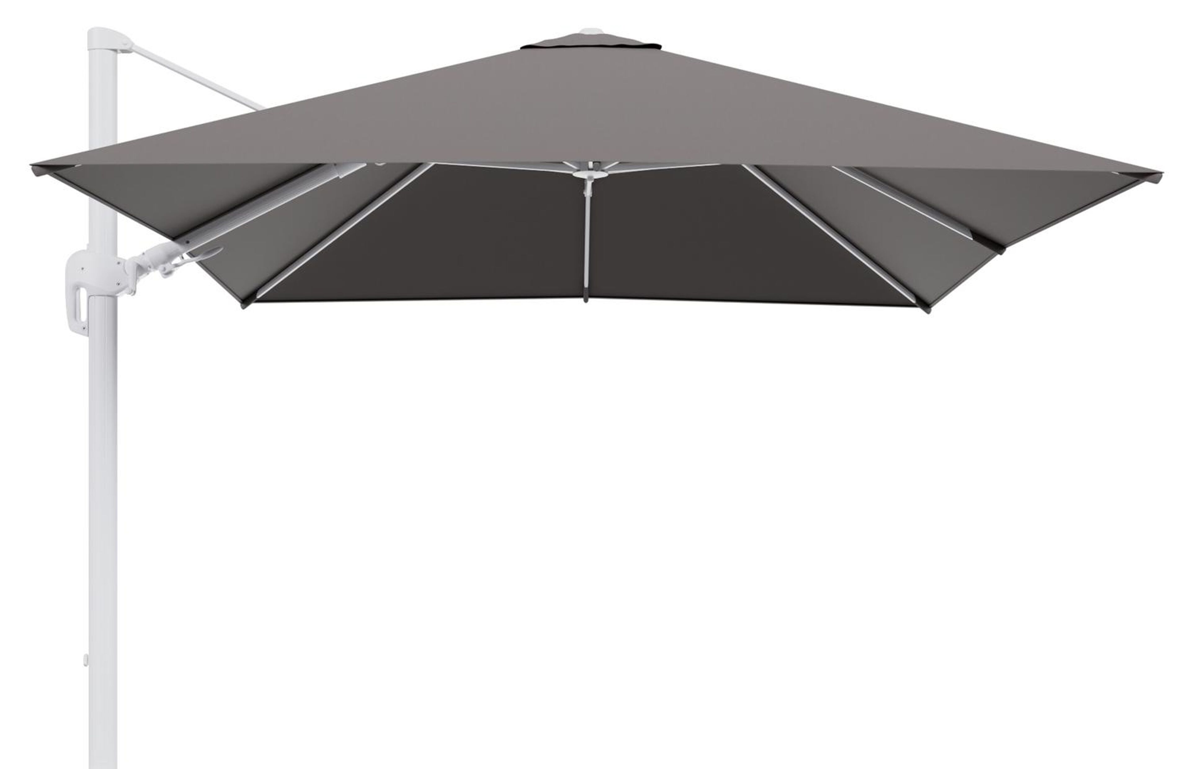 Rufina zweefparasol tiltfunctie in wit aluminium en parasoldoek in All Weather Sunbrella® Luxe Natte Nature Grey  - L1 300 x L2 300 cm (zonder voet)