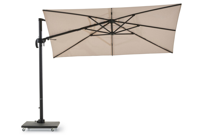 Avola zweefparasol met tiltfunctie in zwart aluminium en natural Weather+ Softtouch parasoldoek - L1 300 x L2 300 cm met Avola parasolvoet 90 kg
