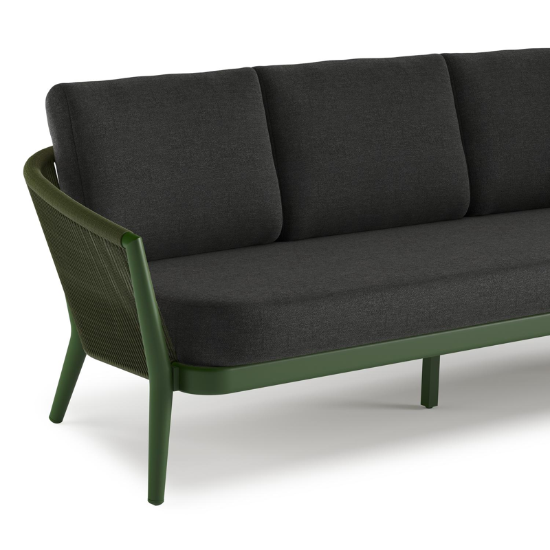 Orso loungeset in groen aluminium en groen verticaal geweven ronde rope met Chartres Sooty all weather sunbrella® luxe kussen