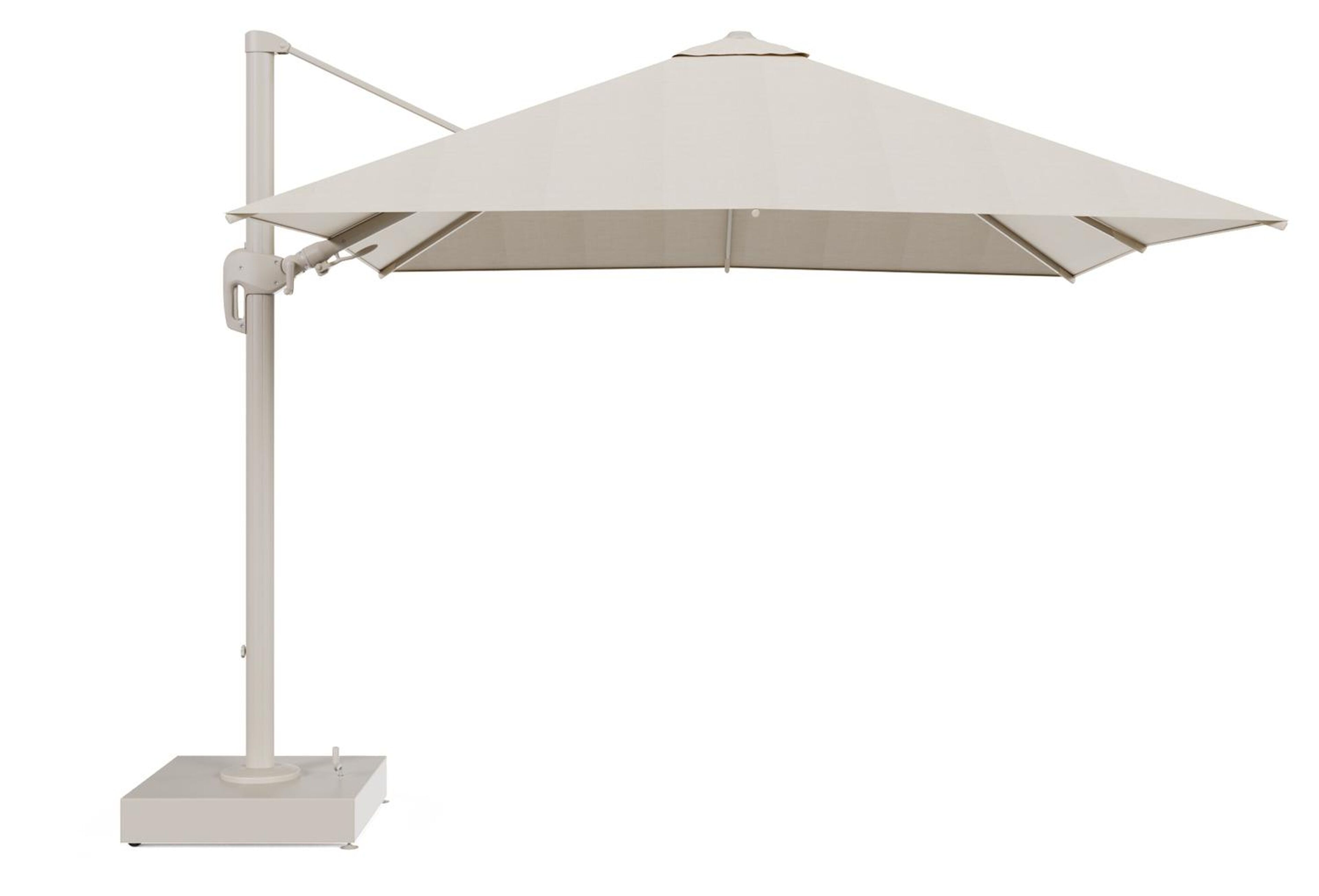 Rufina zweefparasol met tiltfunctie in beige aluminium en beige All Weather Sunbrella® Premium parasoldoek - L1 300 x L2 300 cm met parasolvoet Minore 150 kg met wielen
