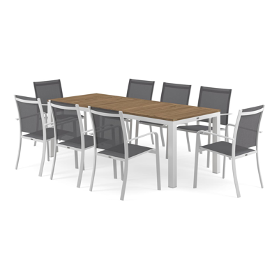 Varese tuinset in wit aluminium en naturel teak tafelblad met 8 stapelbare Calobra tuinstoelen