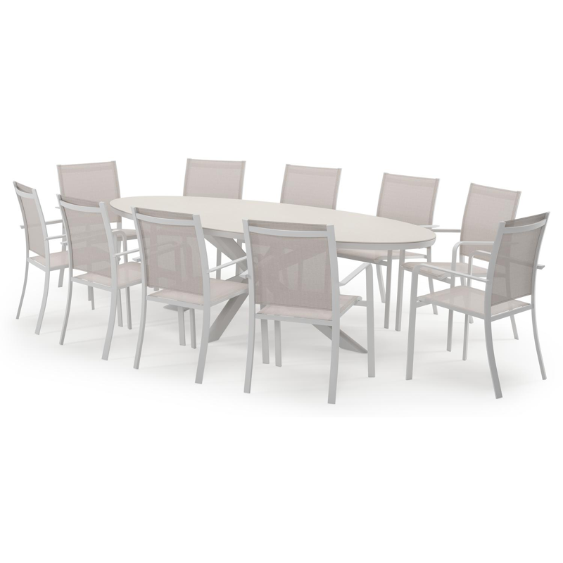 Pamplona ovale tuinset in wit aluminium en sintered stone crema minerale met 10 Calobra tuinstoelen