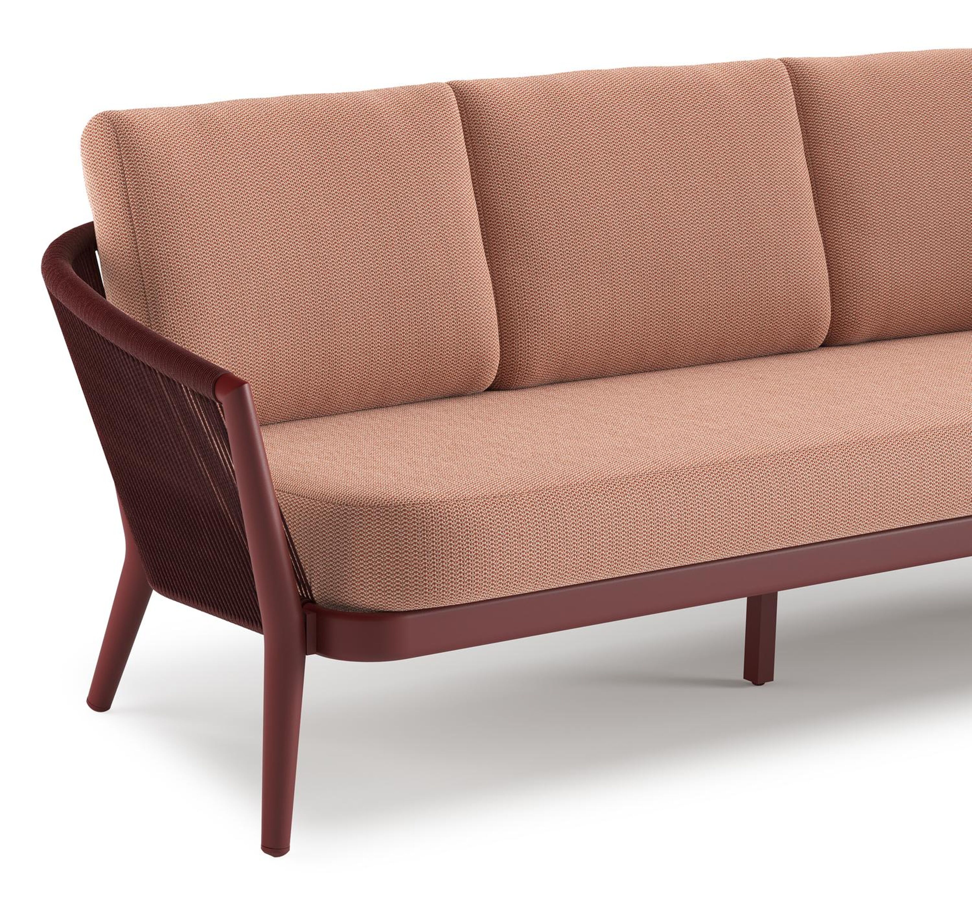 Orso loungebank in ruby aluminium en ruby verticaal geweven ronde rope met Lopi Fawn all weather sunbrella® luxe kussen
