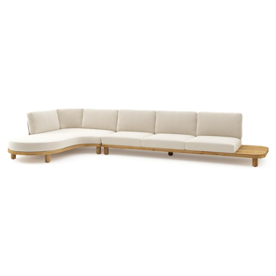Donato loungehoek in teak en beige verticaal geweven ronde rope met all weather cosytica Althea Off White kussen