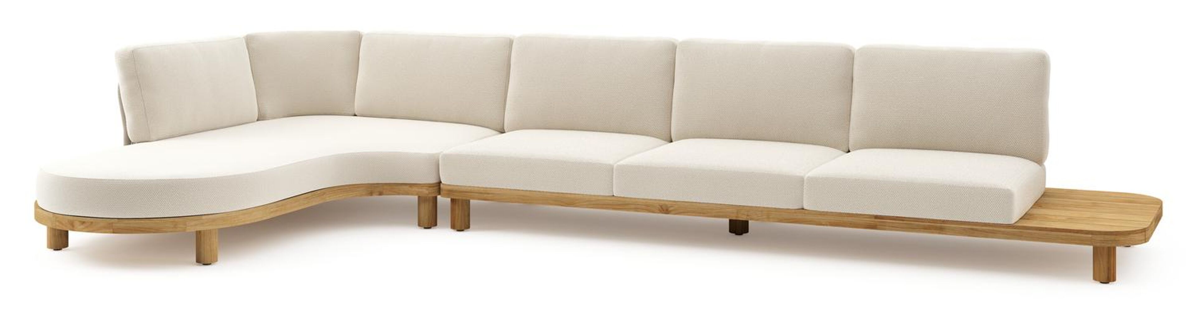 Donato loungehoek in teak en beige verticaal geweven ronde rope met all weather cosytica Althea Off White kussen