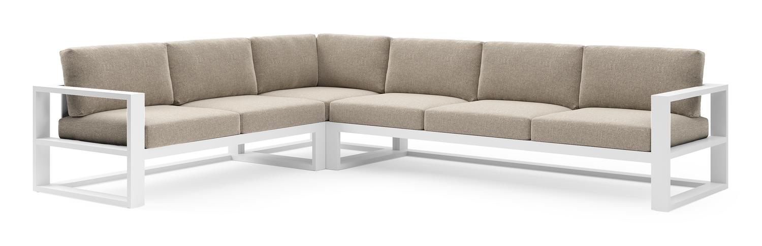 Verato loungehoek in wit aluminium met chartres pewter all weather sunbrella® luxe kussen