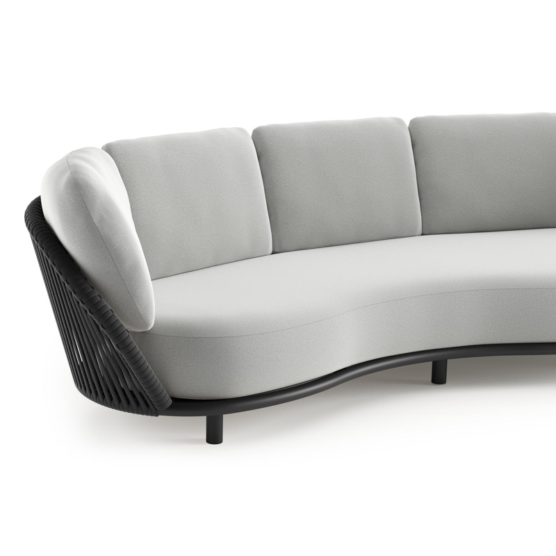 Canapé de jardin Lupino en aluminium noir et corde large plate de luxe tissée verticalement noir et coussins en all weather sunbrella® luxe natte grey chine