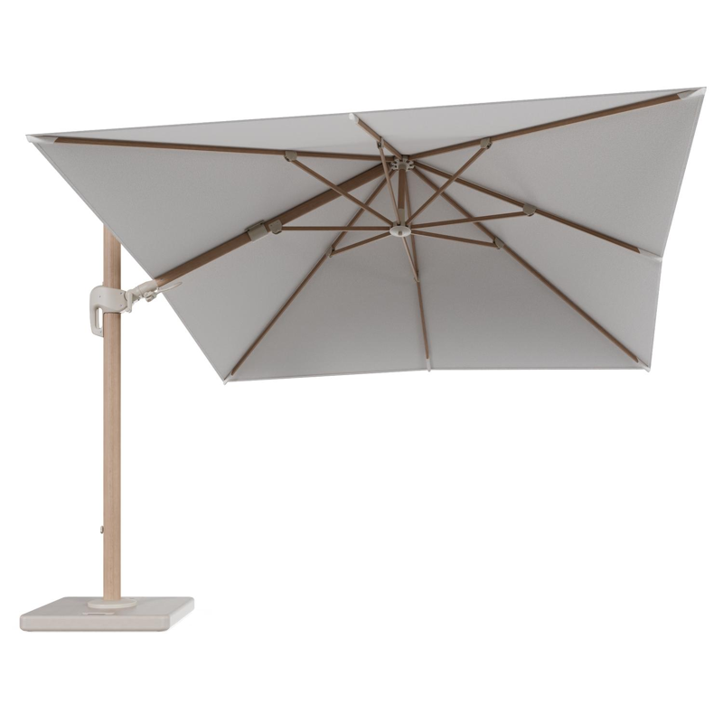 Rufina zweefparasol tiltfunctie in houtlook aluminium en parasoldoek in All Weather Solica Soul Optik - L1 300 x L2 300 cm met parasolvoet Lapido 120 kg