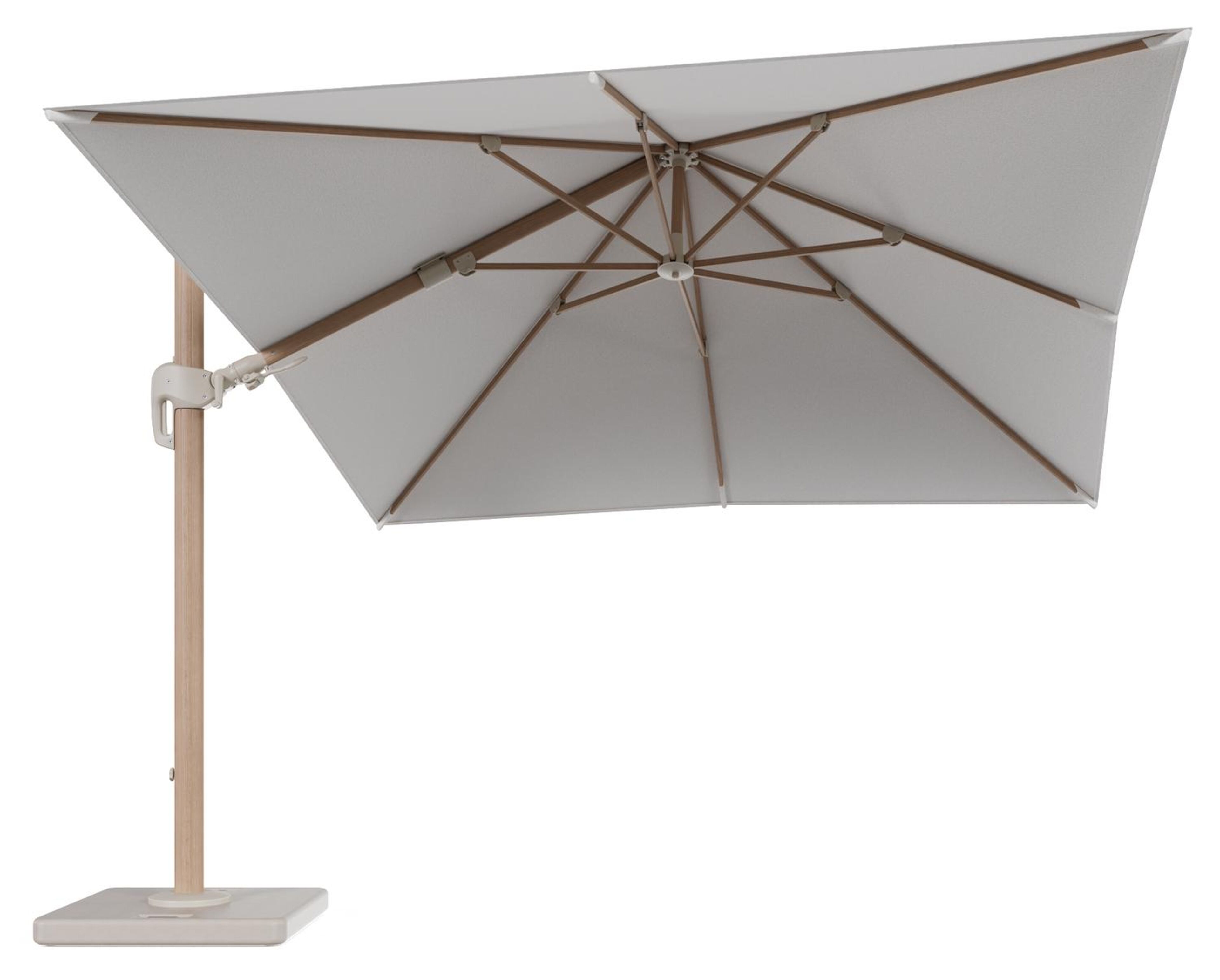 Rufina zweefparasol tiltfunctie in houtlook aluminium en parasoldoek in All Weather Solica Soul Optik - L1 300 x L2 300 cm met parasolvoet Lapido 120 kg