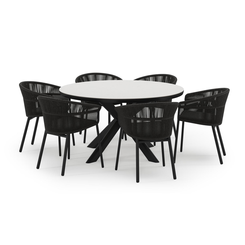 Pamplona tuinset in zwart aluminium en sintered stone Topo minerale met 6 Matera tuinstoelen