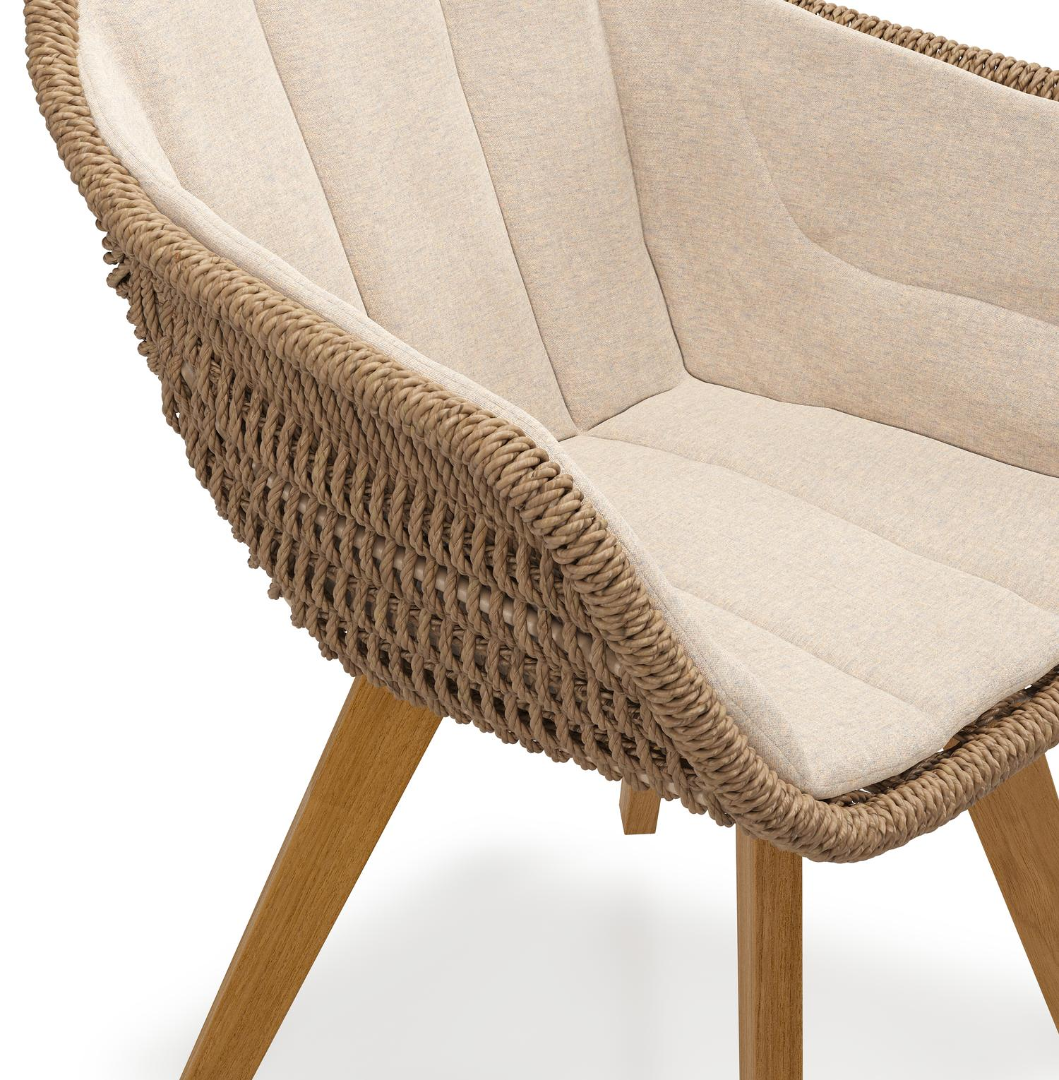 Pagino tuinstoel in teak en bruin ronde wicker met kussen in heritage papyrus all weather sunbrella® luxe