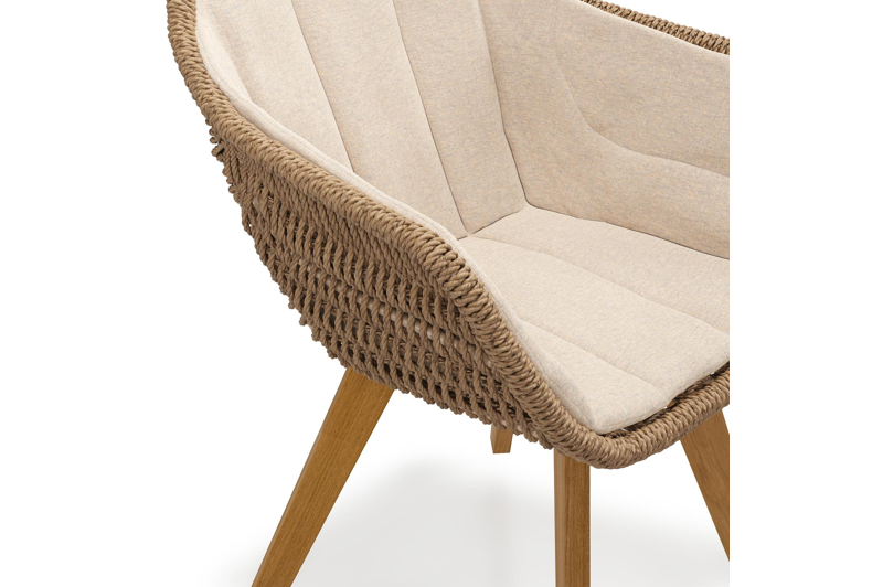 Pagino tuinstoel in teak en bruin ronde wicker met kussen in heritage papyrus all weather sunbrella® luxe