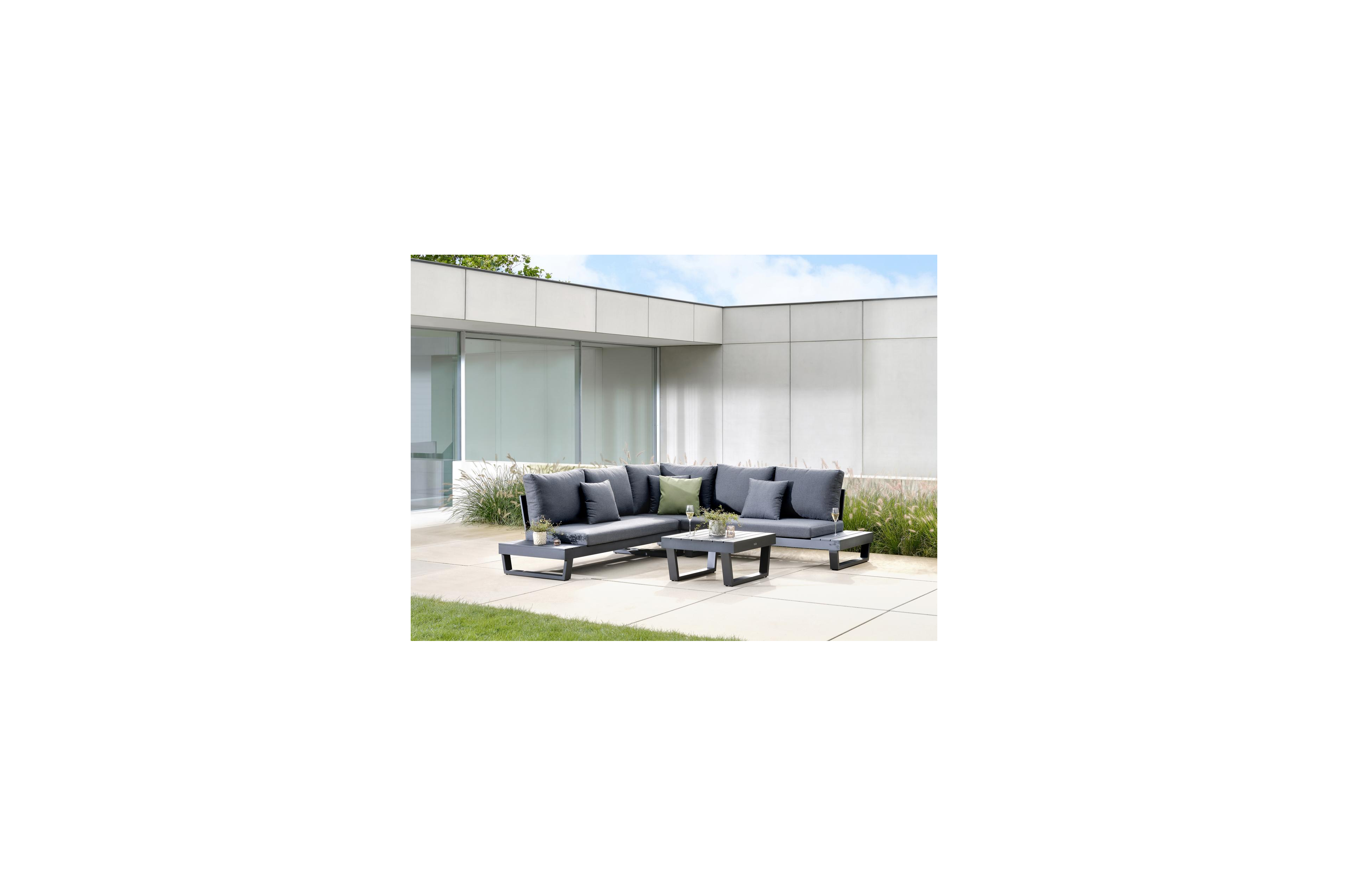 Modica loungehoek in zwart aluminium met natte sooty all weather sunbrella® premium kussens