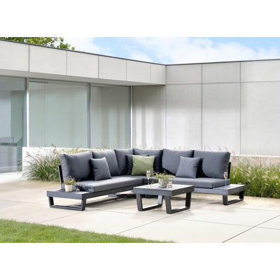 Modica loungehoek in zwart aluminium met natte sooty all weather sunbrella® premium kussens