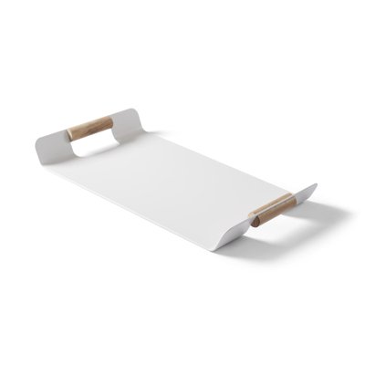 Servito dienblad/plateau in wit aluminium met handvaten in teak - L55 x B 30 cm