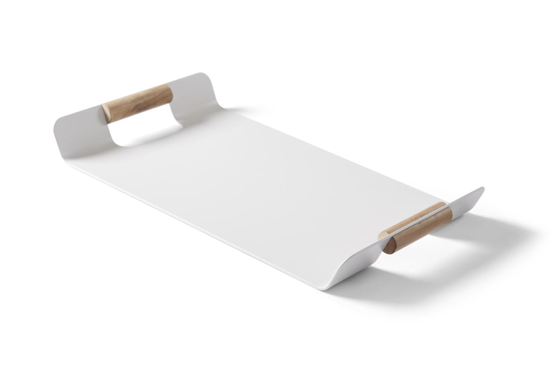 Servito dienblad/plateau in wit aluminium met handvaten in teak - L55 x B 30 cm