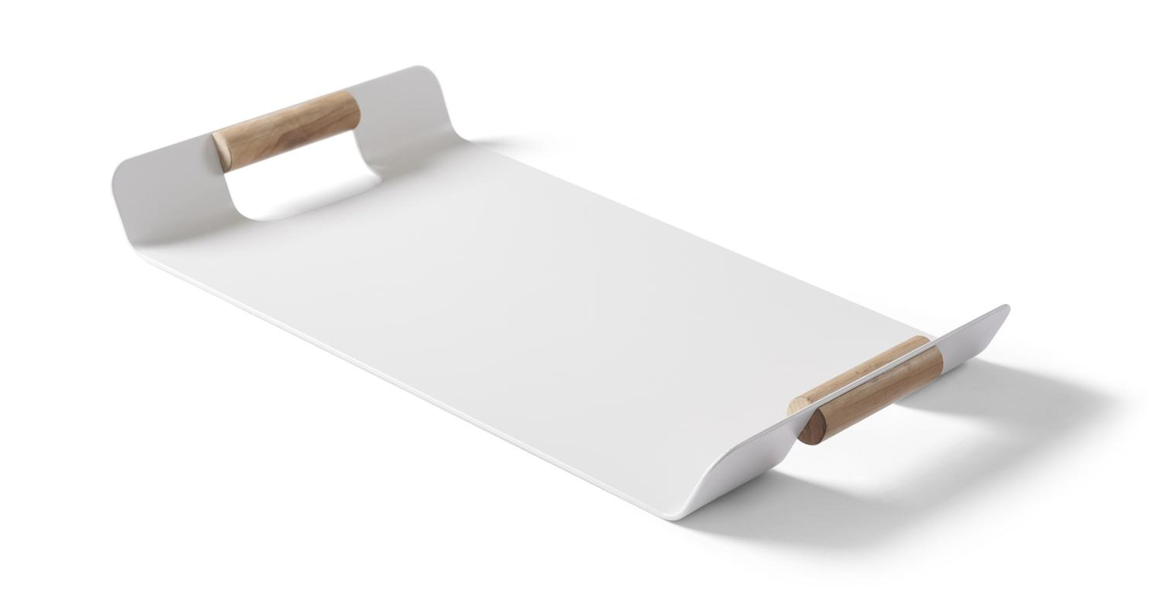 Servito dienblad/plateau in wit aluminium met handvaten in teak - L55 x B 30 cm