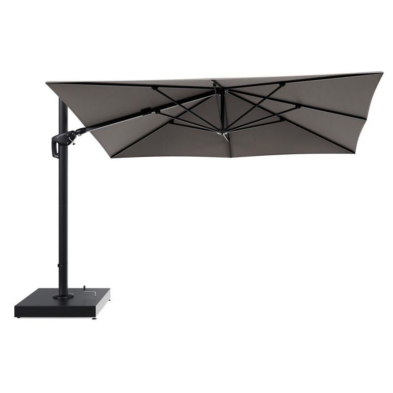 Minore zweefparasol met tiltfunctie in zwart aluminium en Lopi Pepper All Weather Sunbrella® Luxe parasoldoek - L1 280 x L2: 370 cm met parasolvoet Minore 260 kg met wielen
