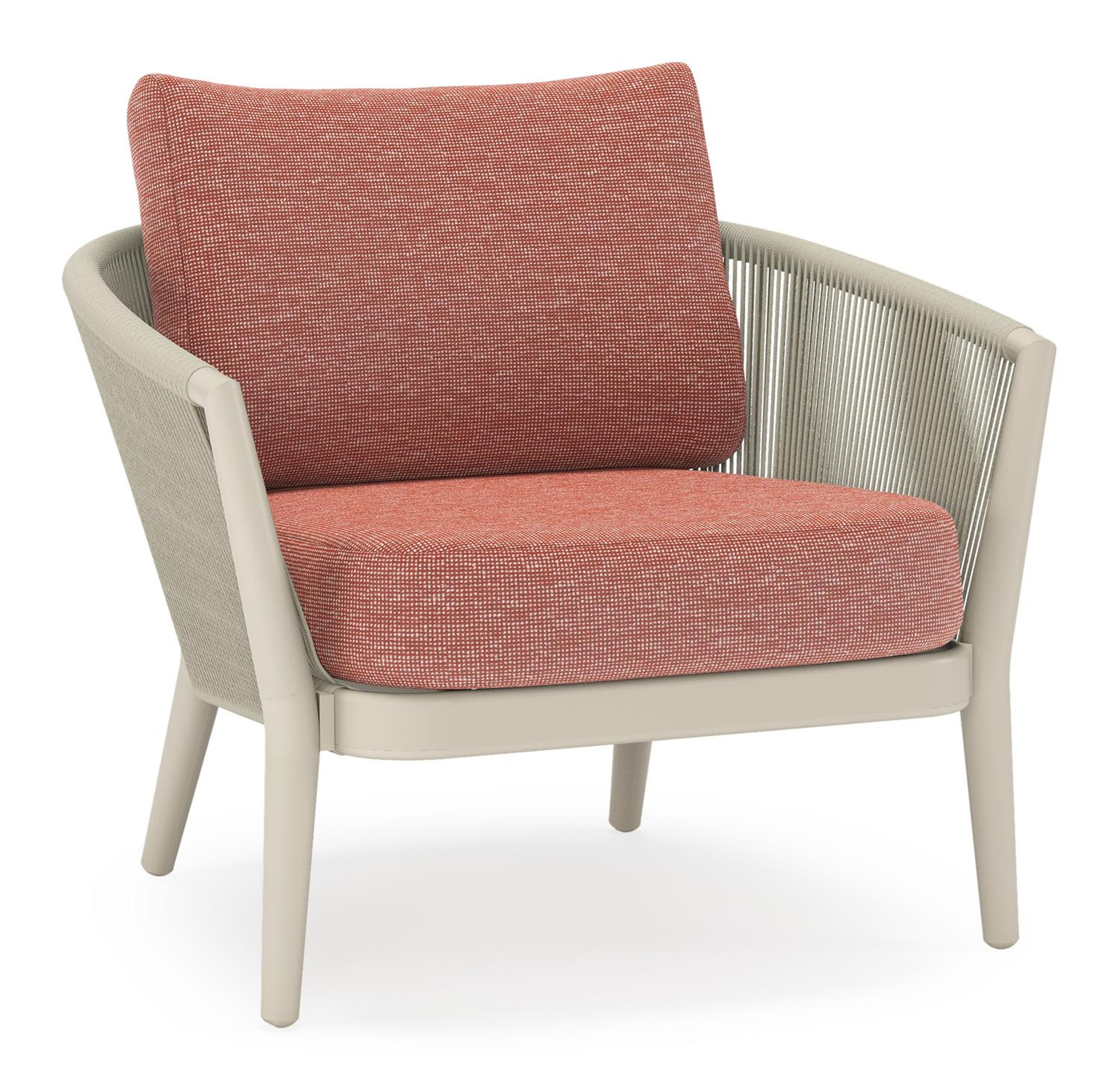 Orso loungestoel in beige aluminium en beige verticaal geweven ronde rope met Slow Alezan all weather sunbrella® luxe kussen