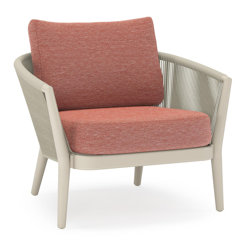 Fauteuil de jardin Orso en aluminium beige en corde ronde tissée verticalement beige et coussins en all weather sunbrella® luxe Slow Alezan