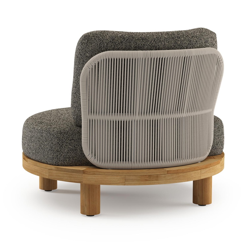 Donato loungestoel in teak en beige verticaal geweven ronde rope met all weather cosytica Marbella Tunder kussen