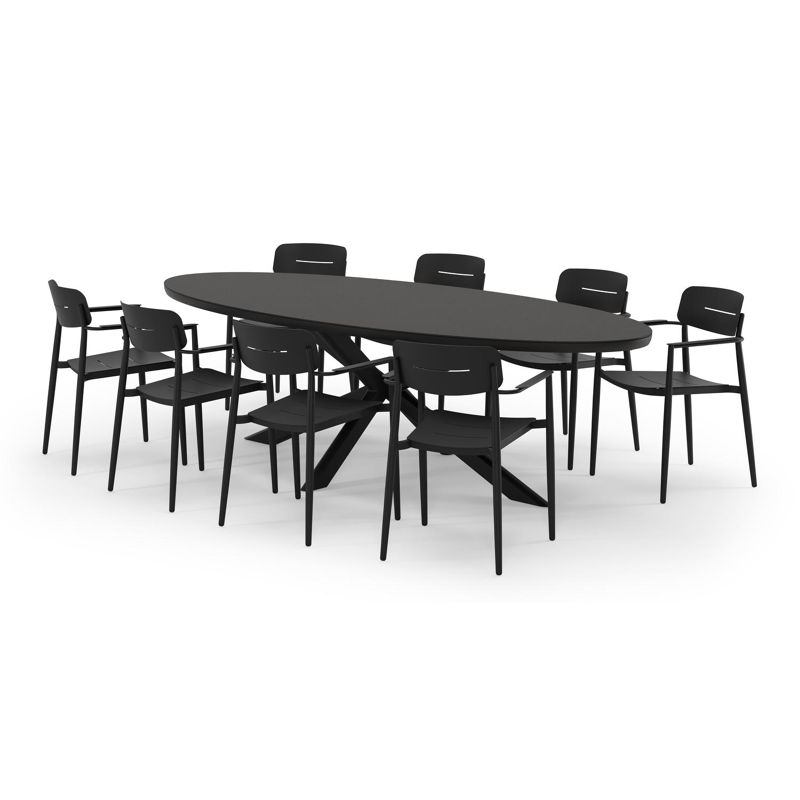 Pamplona ovale tuinset in zwart aluminium en sintered stone notte minerale met 8 Cosa tuinstoelen