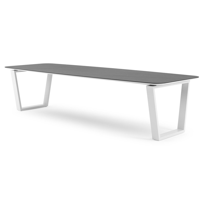 Table de jardin Pagino forme de bateau en aluminium blanc et céramique pleine Basalt Black - Lg. 315 x Lrg. 115 x Haut. 73 cm