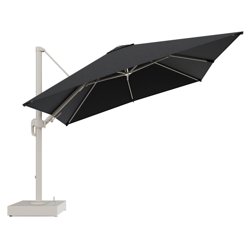 Rufina zweefparasol met tiltfunctie in beige aluminium en Chartres Sooty All Weather Sunbrella® Luxe parasoldoek - L1 300 x L2 300 cm met parasolvoet Minore 150 kg met wielen