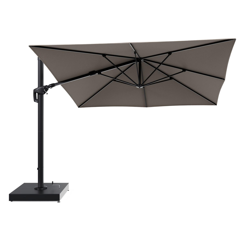 Parasol pendant Minore avec fonction tilt en aluminium noir et toile de parasol All Weather Solica Firenze Earth - Lg.1: 350 x Lg.2: 350 cm avec pied de parasol Minore 260 kg avec roulettes