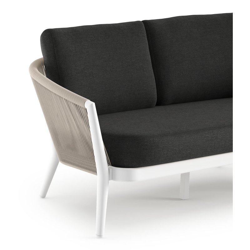 Canapé de jardin Orso en aluminium blanc en corde ronde tissée verticalement beige et coussins en all weather sunbrella® luxe Chartres Sooty