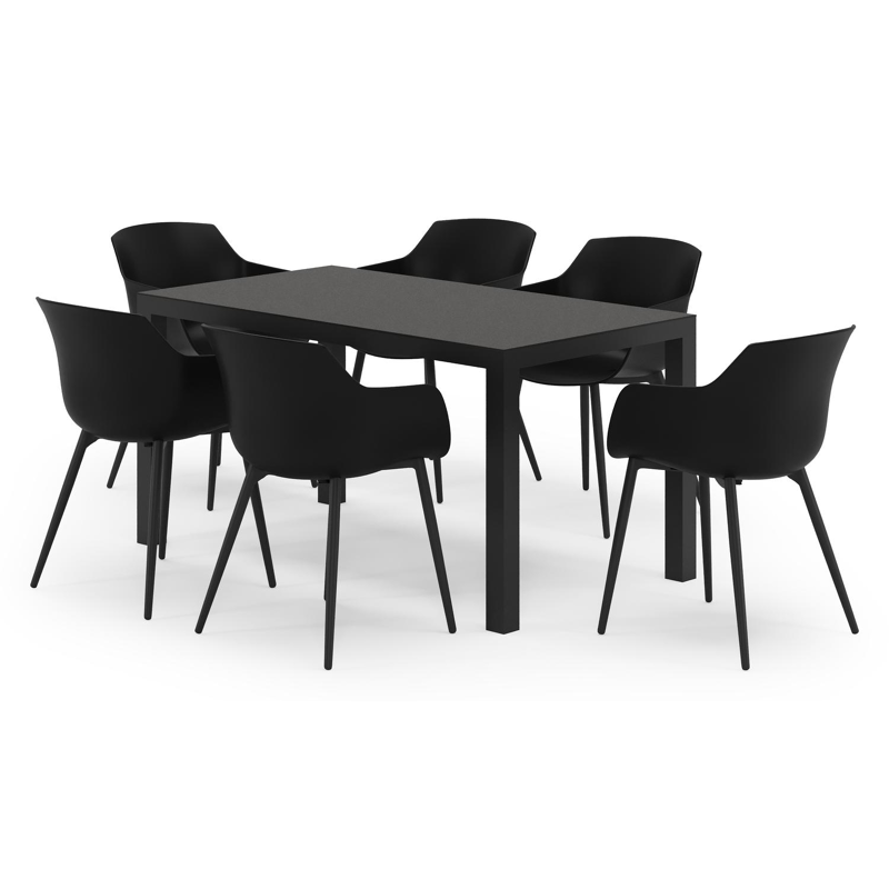 Ensemble de jardin Toma en aluminium noir et sintered stone noir avec 6 chaises de jardin Paco