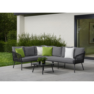 Funchal loungehoek in zwart aluminium en rope met grijs polyester kussen en loungetafel