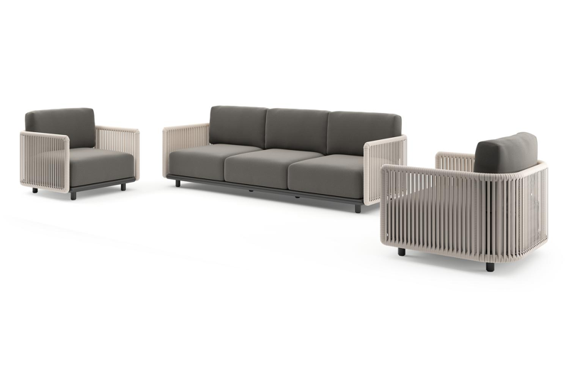 Organo loungeset in zwart aluminium en beige verticaal geweven luxe vlakke rope met natte dark taupe all weather Sunbrella® luxe kussen