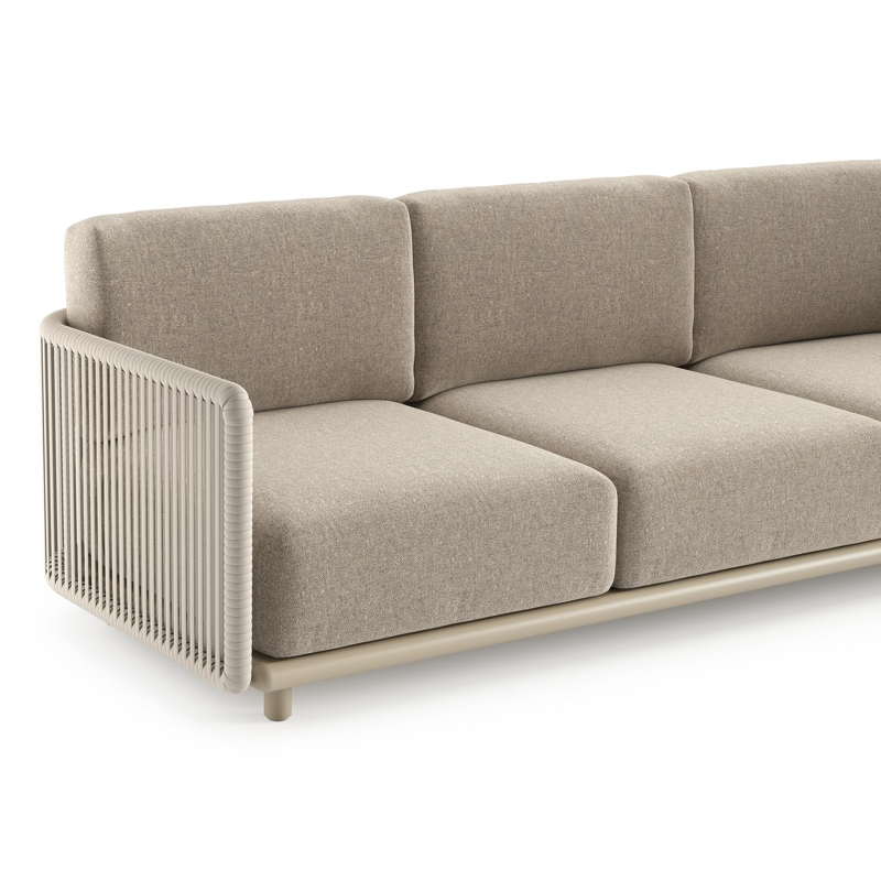 Canapé de jardin Organo en aluminium beige et corde luxe plate tissée verticalement beige et coussin en all weather Sunbrella® luxe chartres pewter