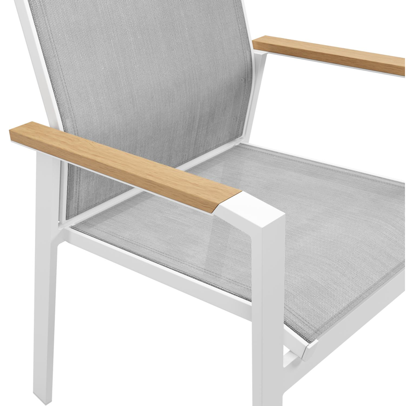 Bahia stapelbare tuinstoel in wit aluminium en grijs textilene en polywood armleuning