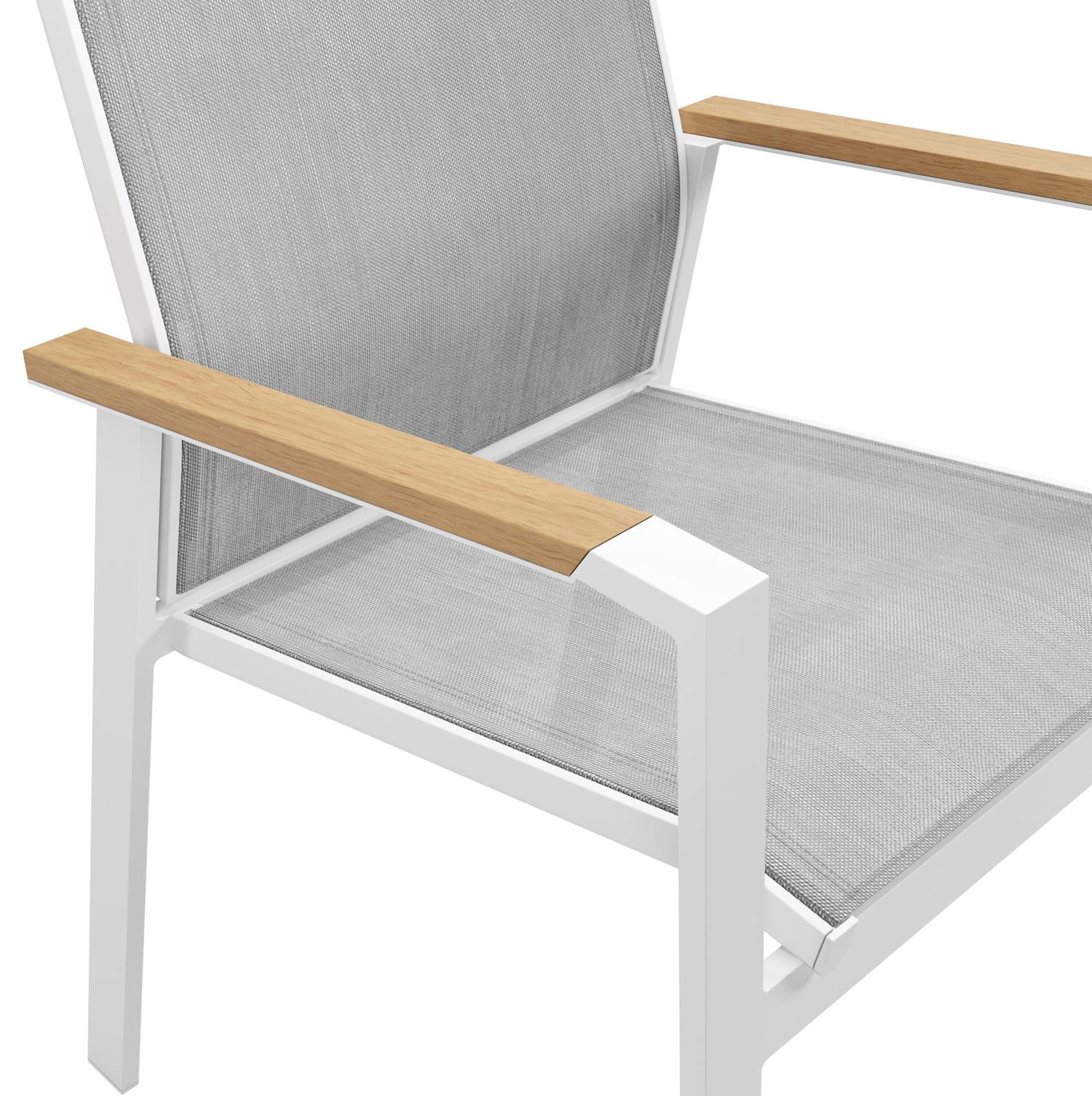 Bahia stapelbare tuinstoel in wit aluminium en grijs textilene en polywood armleuning