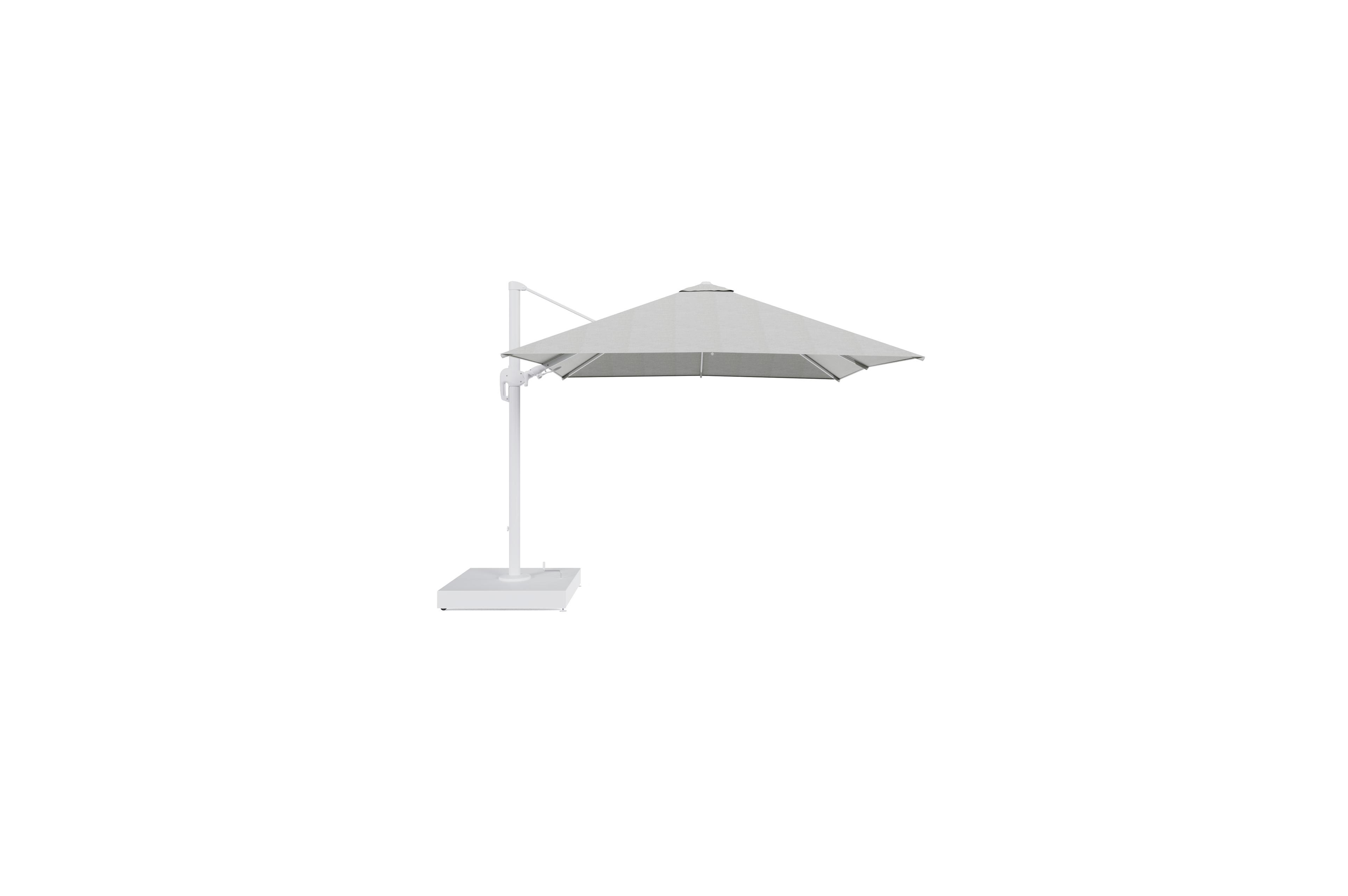 Parasol pendant Rufina avec fonction tilt en aluminium blanc et toile de parasol All Weather Sunbrella® Premium gris - Lg.1 300 x Lg.2 300 cm avec pied de parasol Minore 260 kg avec roulettes