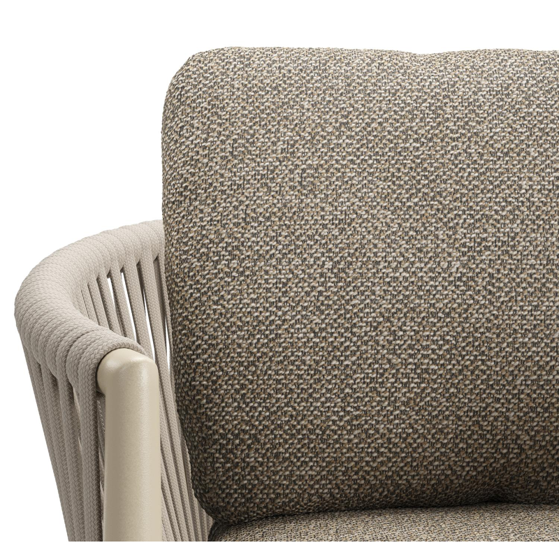 Organo tuinstoel in beige aluminium en beige verticaal geweven luxe vlakke rope met zitkussen in All Weather Cosytica Madagascar Burch