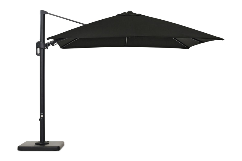 Rufina zweefparasol met tiltfunctie in zwart aluminium met zwart all weather sunbrella® premium parasoldoek - L1: 300 x L2: 300 cm (met voet)